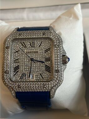 Iced out vvs mossinate Cartier Diamond Pavé Square Watch with Blue Strap